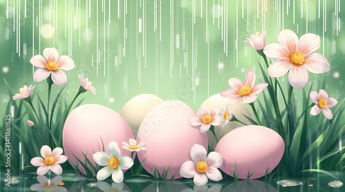 Decorative pastel-colored Easter eggs arranged on a soft pink background, evoking springtime joy and celebration. Enhance your designs with this festive and cheerful composition