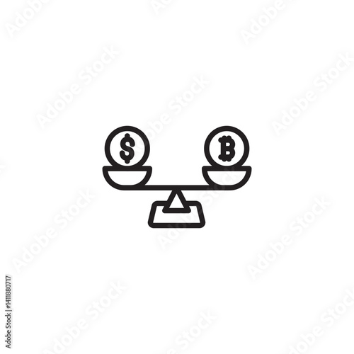 A balance scale icon holds a dollar sign on one side and a Bitcoin symbol on the other, illustrating a comparison between traditional currency and cryptocurrency.