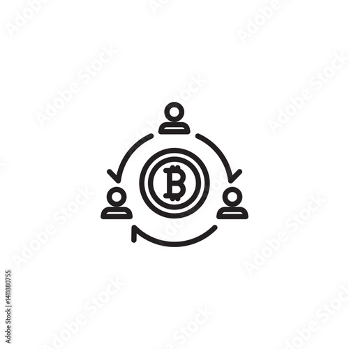 A central Bitcoin symbol is surrounded by three user icons connected by circular arrows, depicting a peer-to-peer Bitcoin transaction or network.