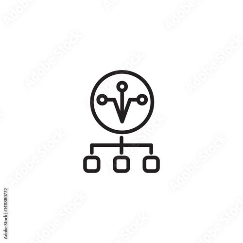 A network icon shows a central circle with branching lines connected to three squares below, illustrating a hierarchical structure, connection points, or data distribution.