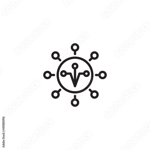 A central circle containing a branching network symbol is surrounded by seven smaller circles, representing a decentralized network, interconnected nodes, or distributed system.