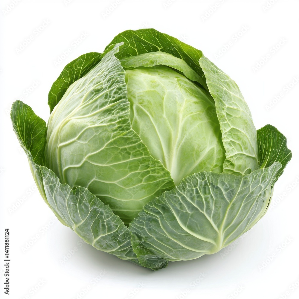 Fototapeta premium Fresh Green Cabbage with Vibrant Leaves on White Background