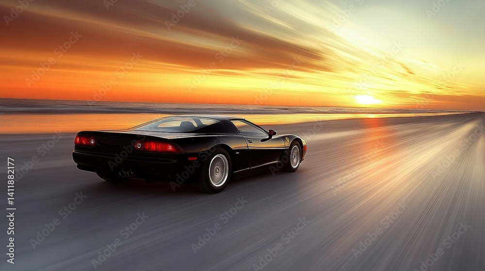 Naklejka premium A sleek black sports car speeds along a sun-kissed beach, its glossy exterior reflecting the vibrant blue ocean waves. The golden sand stretches out, creating a stunning contrast.