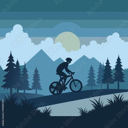 Cyclist on a mountain bike trail in a serene forest landscape