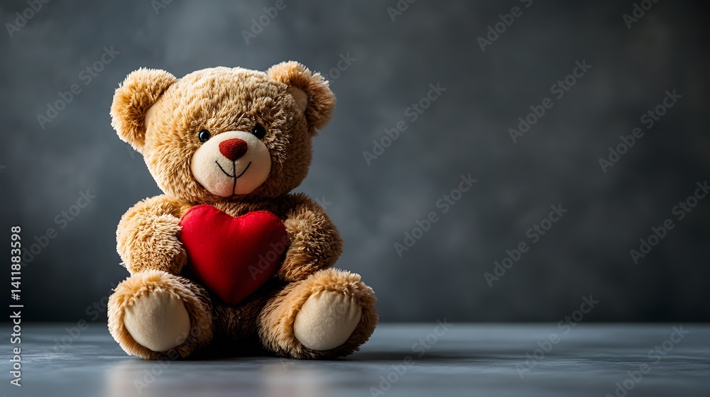 Obraz premium Adorable Teddy Bear Holding a Red Heart on Neutral Background