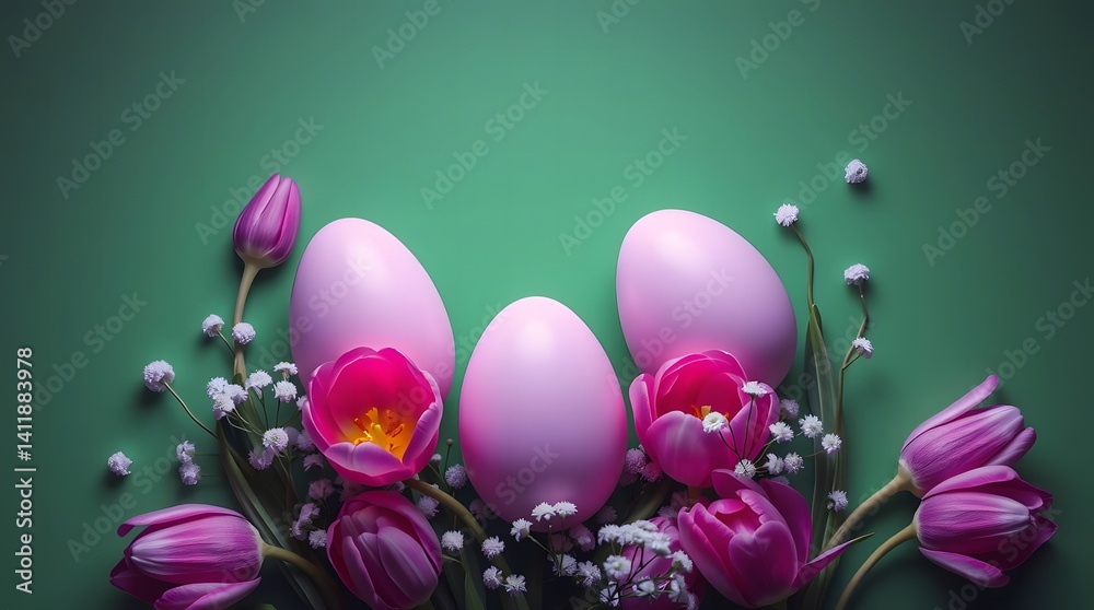 Fototapeta premium Decorative pastel-colored Easter eggs arranged on a soft pink background, evoking springtime joy and celebration. Enhance your designs with this festive and cheerful composition