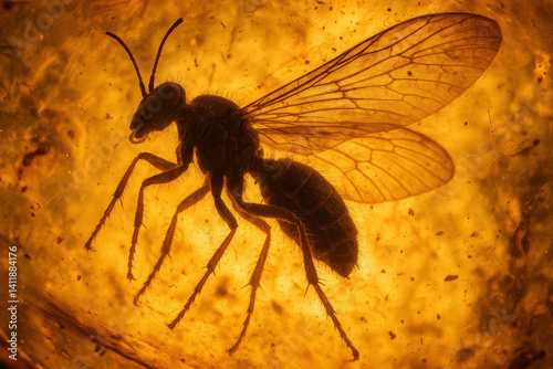 Ancient Insect Encasement: A stunningly preserved insect is encapsulated in amber. The image reveals the intricate details of the insect's form, preserved for millennia.
