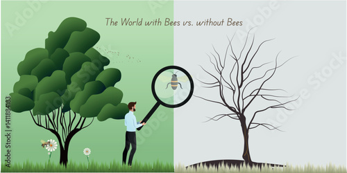 Businessman showing importance of bees for environment with magnifying glass