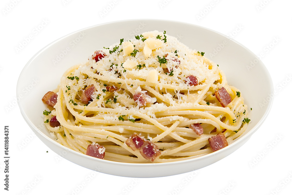 Creamy pasta dish with bacon bits and cheese, sprinkled with herbs in a white bowl Creamy pasta dish with bacon bits and cheese, sprinkled with herbs in a white bowl