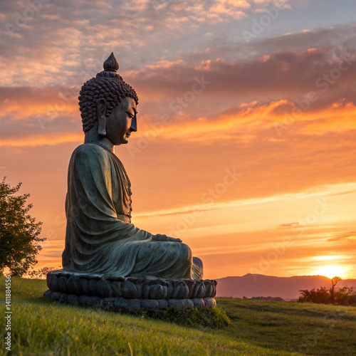 A large bronze Buddha statue, seated in meditation, dominates the landscape at the golden hour.