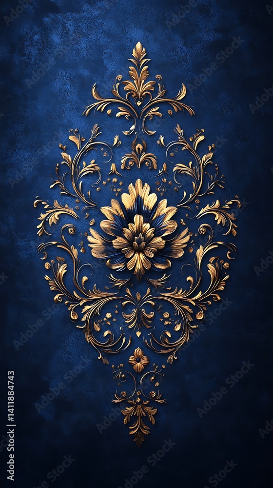Fototapeta premium Golden Floral Phone Wallpaper Ornate Design on Deep Blue Background with Intricate Symmetry | HD Mobile Background