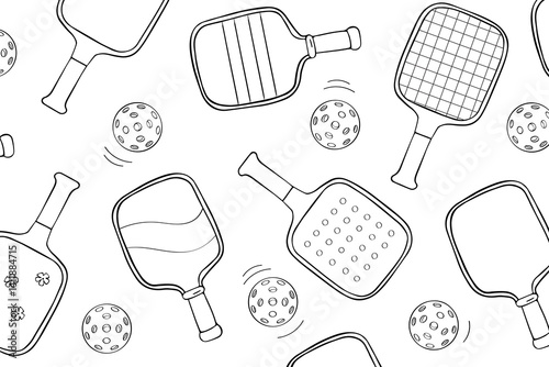 Hand drawn retro sketch of pickleball paddles and balls in minimal black outline on white background
