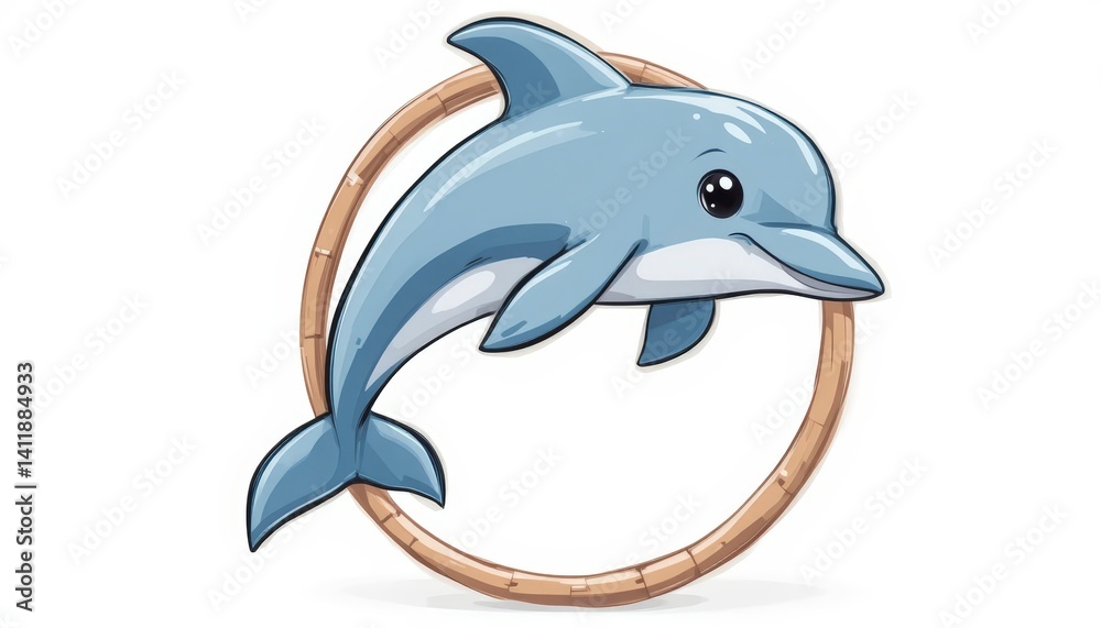 Fototapeta premium Playful Cartoon Sea Mammal Leaping Through Wooden Hoop