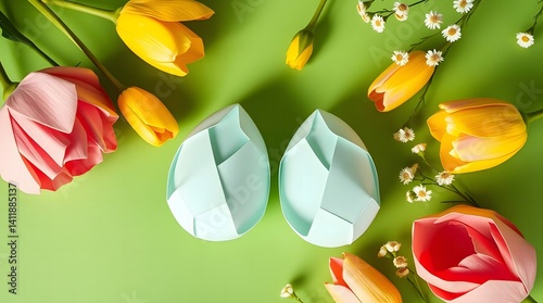 Decorative pastel-colored Easter eggs arranged on a soft pink background, evoking springtime joy and celebration. Enhance your designs with this festive and cheerful composition
