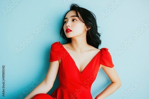 A young Asian woman wearing a bright red dress crosses her arms confidently against a light blue background.