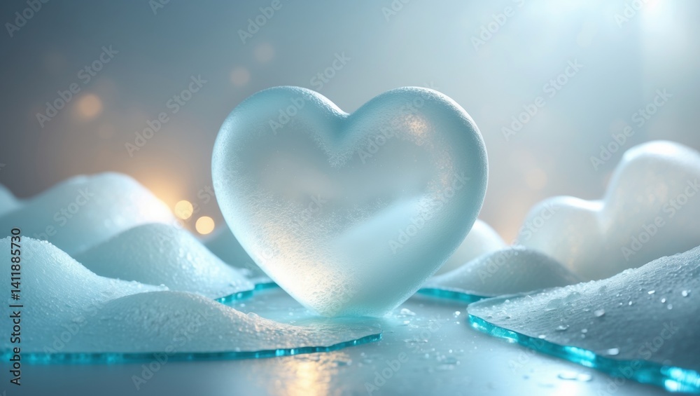 Fototapeta premium A symbolic frozen heart resting on an icy surface, evoking emotion and stillness.