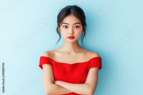 A young Asian woman wearing a bright red dress crosses her arms confidently against a light blue background.