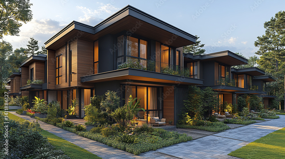 Modern suburban housing with sleek facade and lush greenery
