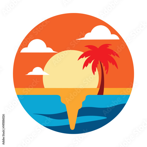 Tropical Beach Sunset with Ice Cream Cone Vector Art