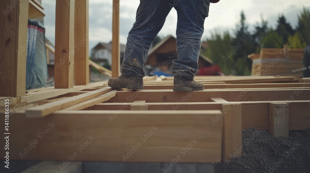 A construction worker setting up wooden formwork. Featuring precision and care A construction worker setting up wooden formwork. Featuring precision and care