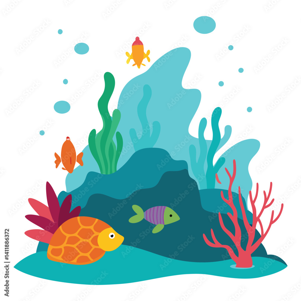 Fototapeta premium Underwater Coral Reef Fish Turtles Marine Life Illustration