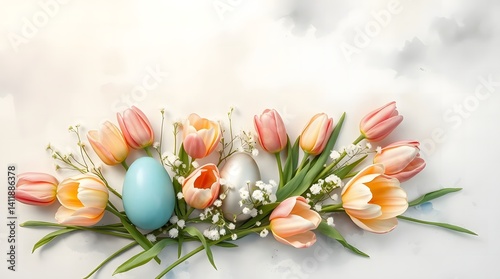 Decorative pastel-colored Easter eggs arranged on a soft pink background, evoking springtime joy and celebration. Enhance your designs with this festive and cheerful composition