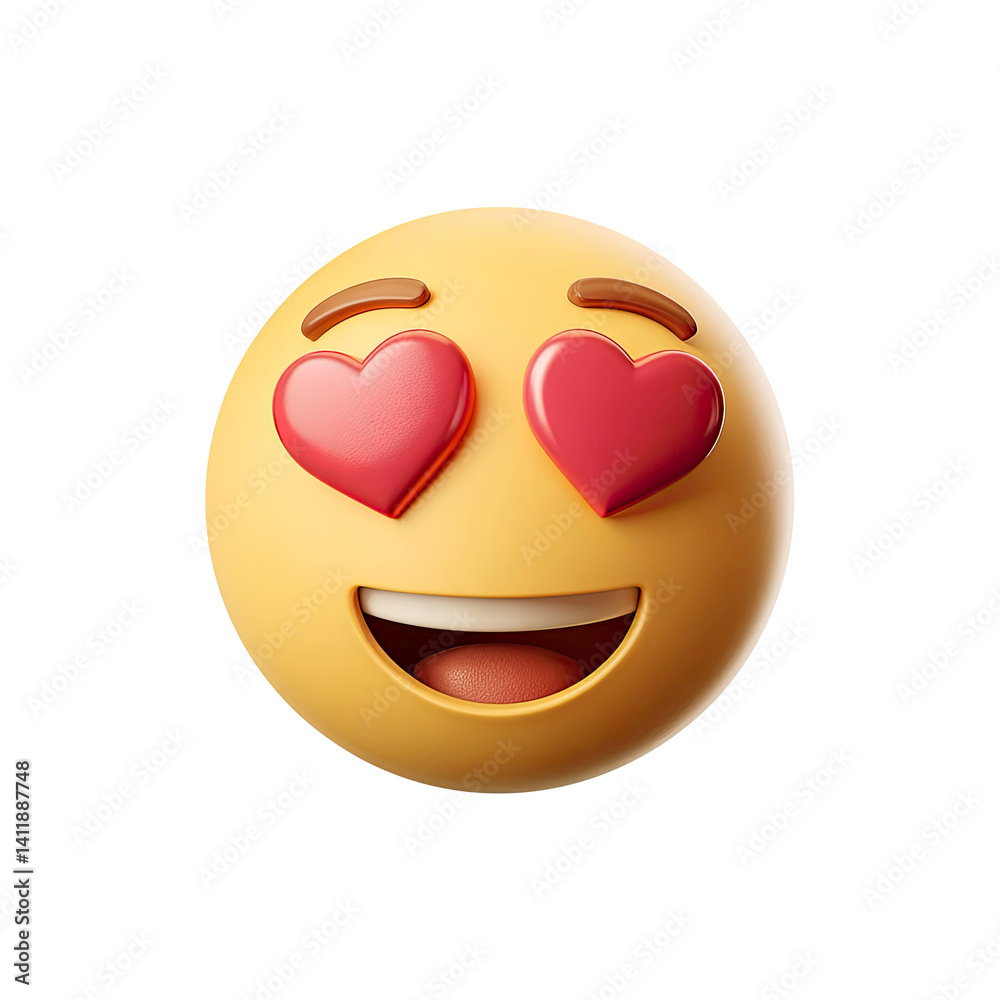Fototapeta premium Happy emoticon with hearts in eyes on transparent background, perfect for Valentine's Day. Happy emoji png, 3d happy emoji icon, happy icon.