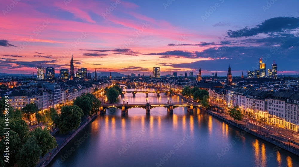 Stunning Evening Skyline of Frankfurt with Colorful Sunset Reflections