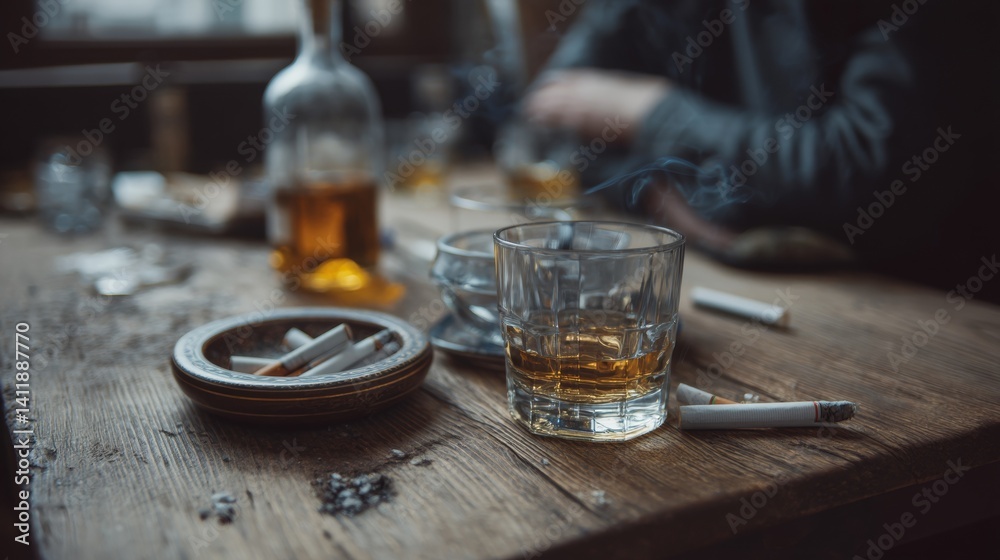 Alcohol addiction. Whiskey in glass, bottle, cigarettes and ashtray on wooden table