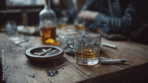 Obraz na płótnie Alcohol addiction. Whiskey in glass, bottle, cigarettes and ashtray on wooden table w salonie