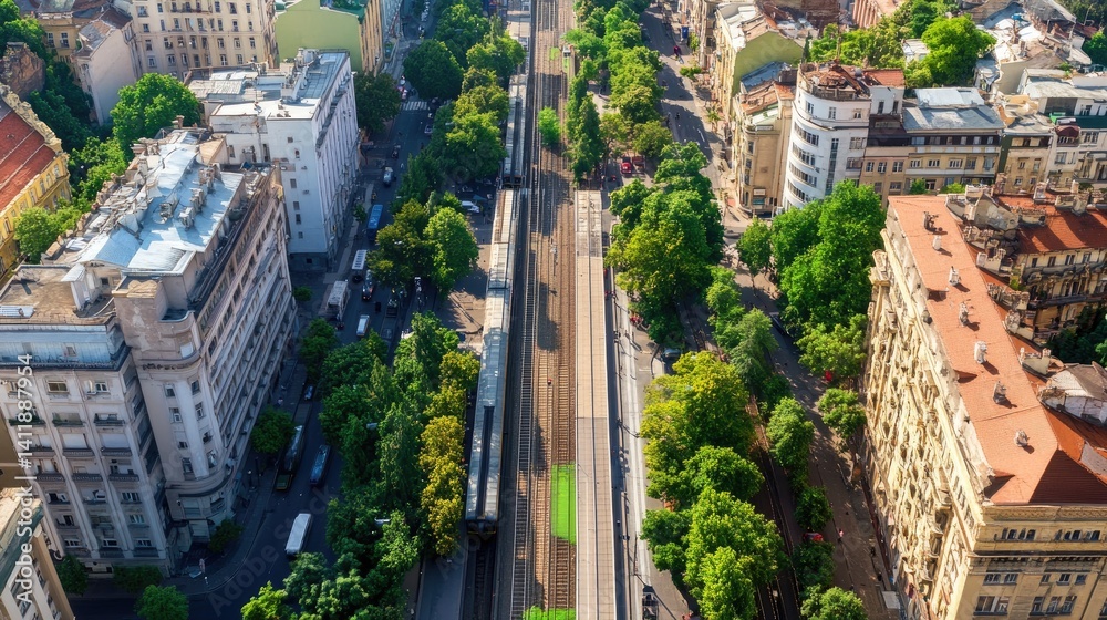 Aerial View of Urban Train Station Surrounded by City Landscape
