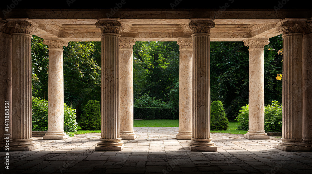 Fototapeta premium Architectural Columns Creating a Tranquil Garden Vista with Stone Paving and Lush Greenery