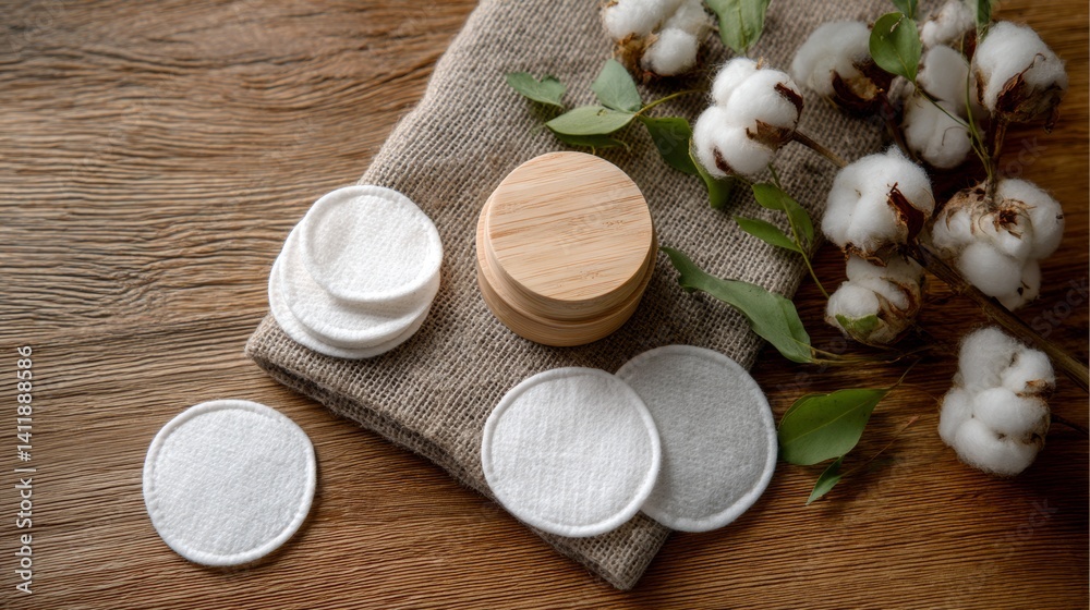Foaming facial cleanser and with eco pads on wooden background, top view