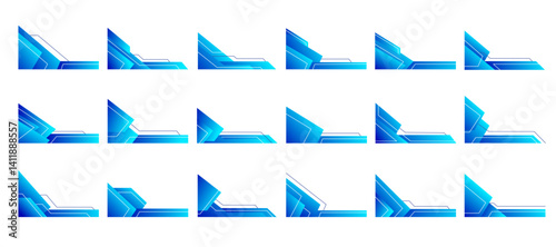 Blue Border and Corner Frame Gradient Modern Shape Vector Set Collection. Decorative Elements Corners, Borders, and Frames. Modern Shape for Banners, Certificates, Invitations, and Covers Design