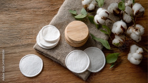 Obraz na płótnie Foaming facial cleanser and with eco pads on wooden background, top view w salonie