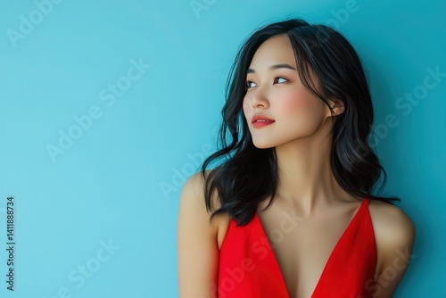 A young Asian woman wearing a bright red dress gazes sideways with a soft smile against a light blue background.