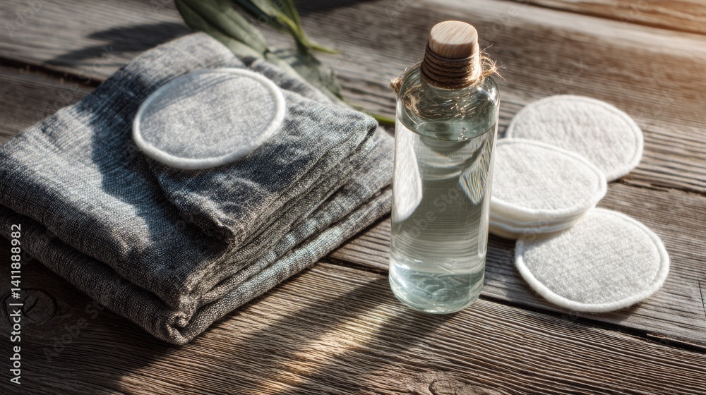 Foaming facial cleanser and with eco pads on wooden background, top view