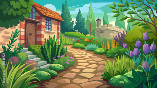 Aromatic herbs flourishing beside a cobblestone path in a cottage garden