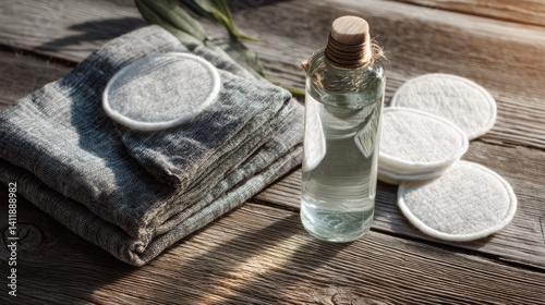Obraz na płótnie Foaming facial cleanser and with eco pads on wooden background, top view w salonie