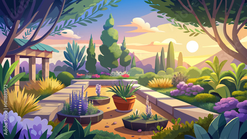 A peaceful herb garden filled with rosemary, thyme, and lavender under morning light.