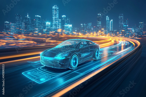 Futuristic Electric Vehicle Driving on City Highway at Night with Abstract Cyberpunk Style Rendering