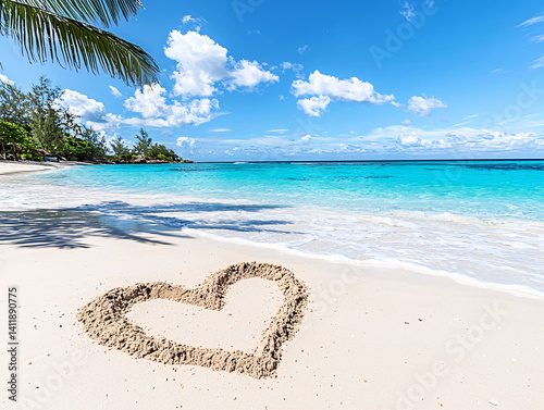 Heart Drawn in Sand on Tropical Beach with Turquoise Water and Blue Sky Relaxation Retreat Escape