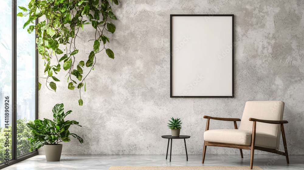 Fototapeta premium Interior View with Decorative Plants Armchair and Blank Frame on Plaster Wall Backdrop Setting