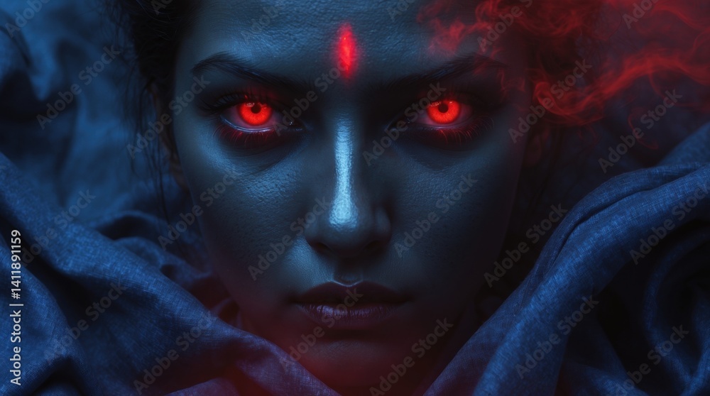 A powerful Shakti face with glowing eyes, adding a mystical and energetic aura to the background. A powerful Shakti face with glowing eyes, adding a mystical and energetic aura to the background.