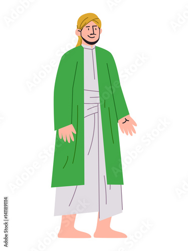 Sunan gunung jati Islam scholar ancient religion traditional teacher historic wali songo Islamic figure drawing illustration wearing green thobe and robe