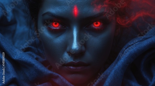 A powerful Shakti face with glowing eyes, adding a mystical and energetic aura to the background.