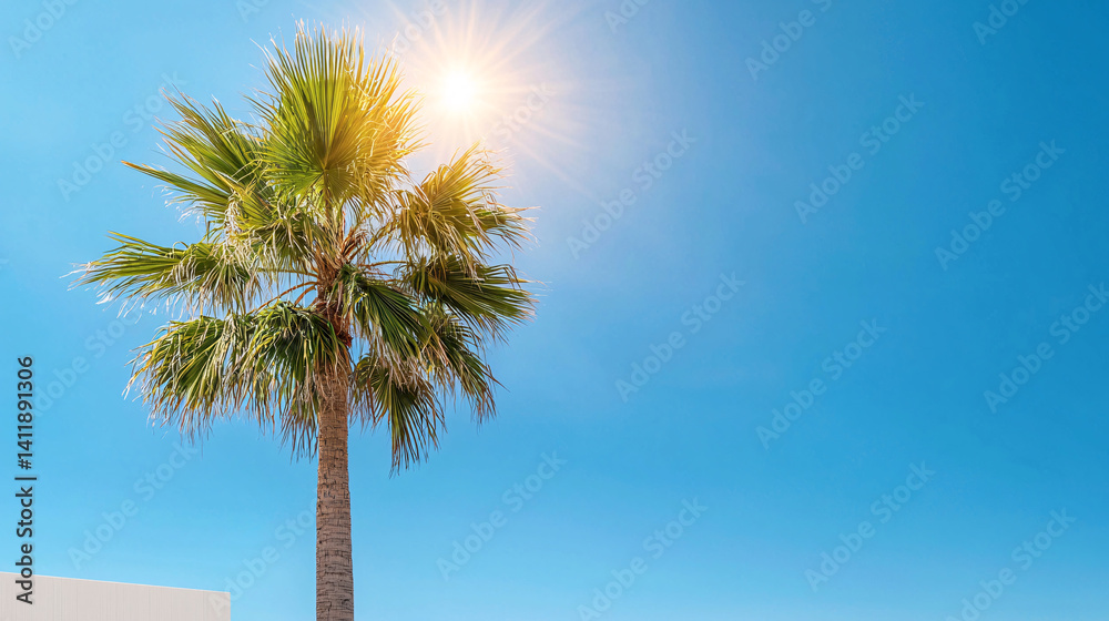 Obraz premium Palm Tree Against a Vibrant Blue Sky with Bright Sunlight Radiating From the Center Horizon