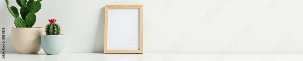Obraz premium White desk, cactus, empty picture frame mockup, minimal, top view, modern