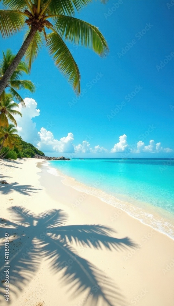 Fototapeta premium Sun-drenched, pristine sand beach; clear blue sky , sand, crisp