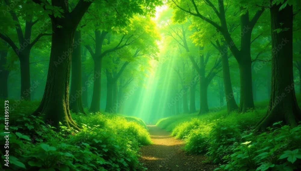 Obraz premium Dense forest, emerald canopy overhead, sunlight dappling ground, woodland, wild